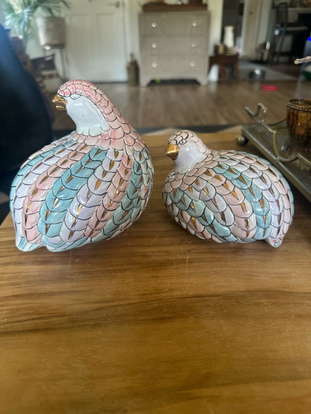 Vintage Toyo Pastel Ceramic Quail Pair with Gold Accent Beaks pink blue white